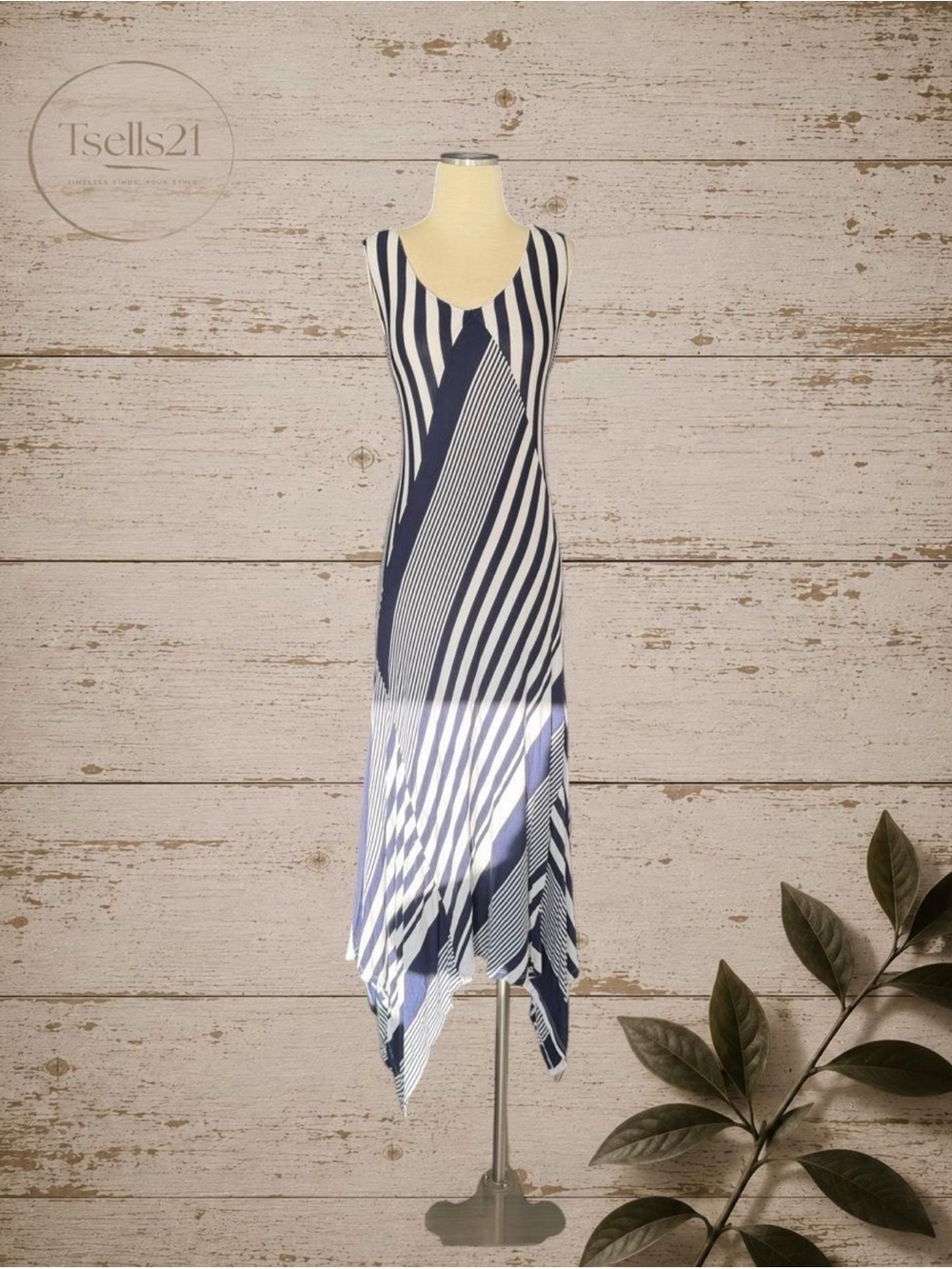 Laurie Felt Navy & White Asymmetrical V-Neck Handkerchief Hem Maxi Dress